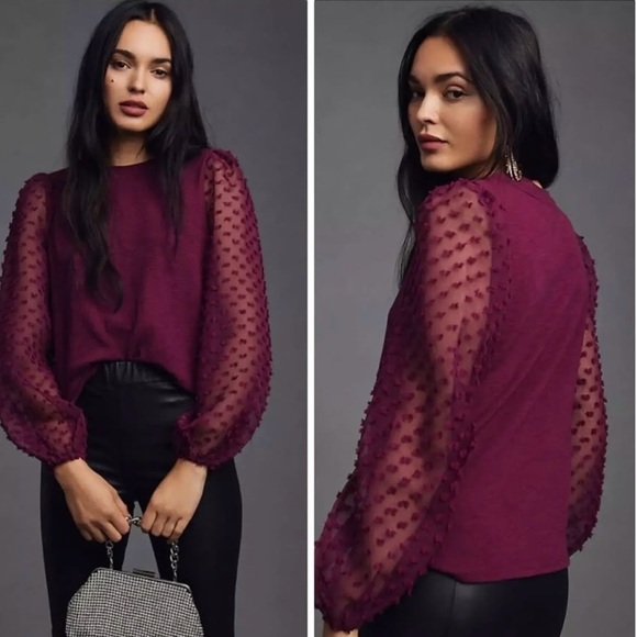 Maeve Tops - Maeve by Anthropologie, burgundy color, puffy sleeve